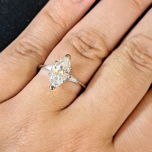 Marquise Cut CZ Baguette Engagement Ring 18 Karat Gold Electroplate Size 8 - Picture 4 of 6